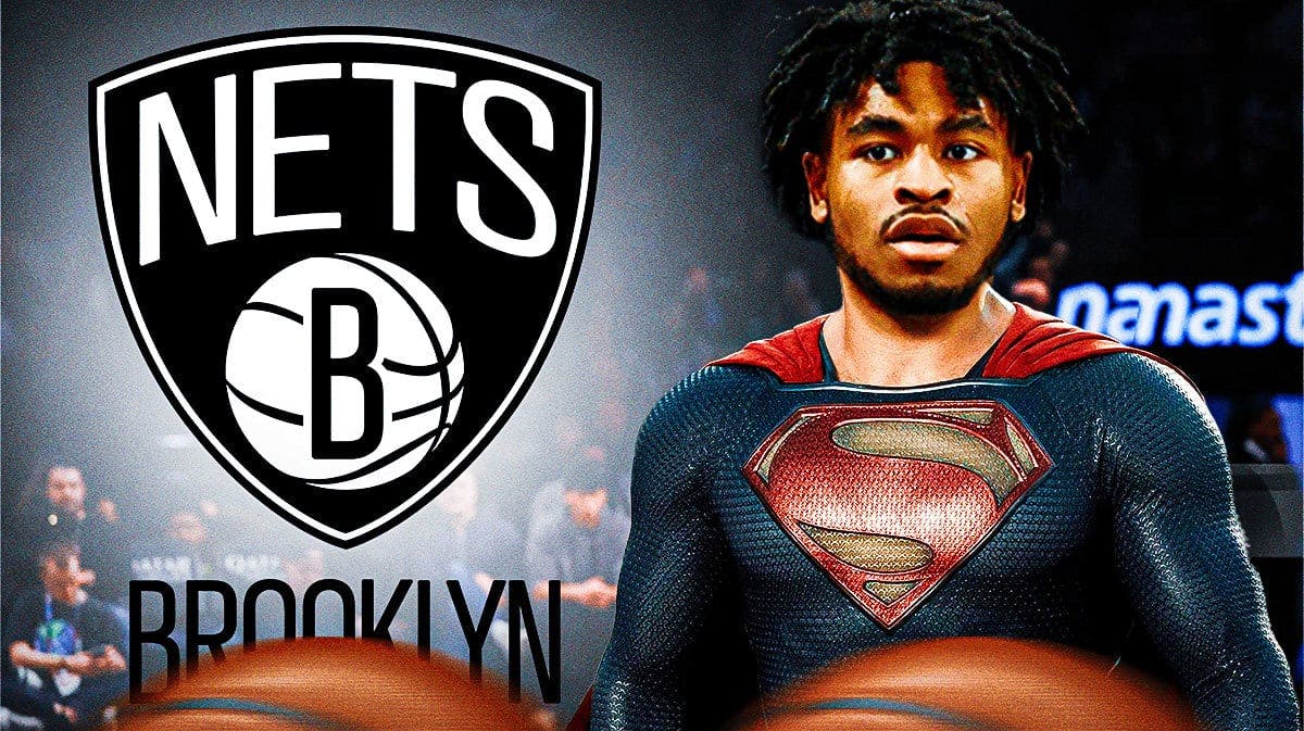 Cam Thomas’ head on Superman body next to a Nets logo.