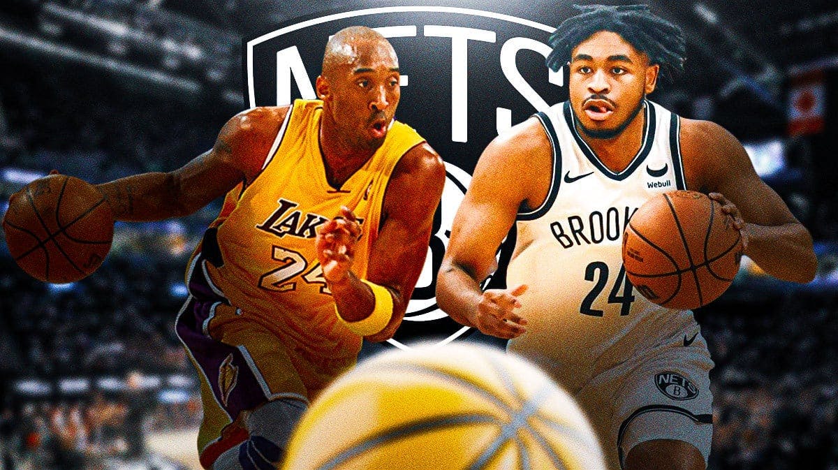 Nets Cam Thomas next to Lakers Kobe Bryant in front of a Nets look at Barclays Center