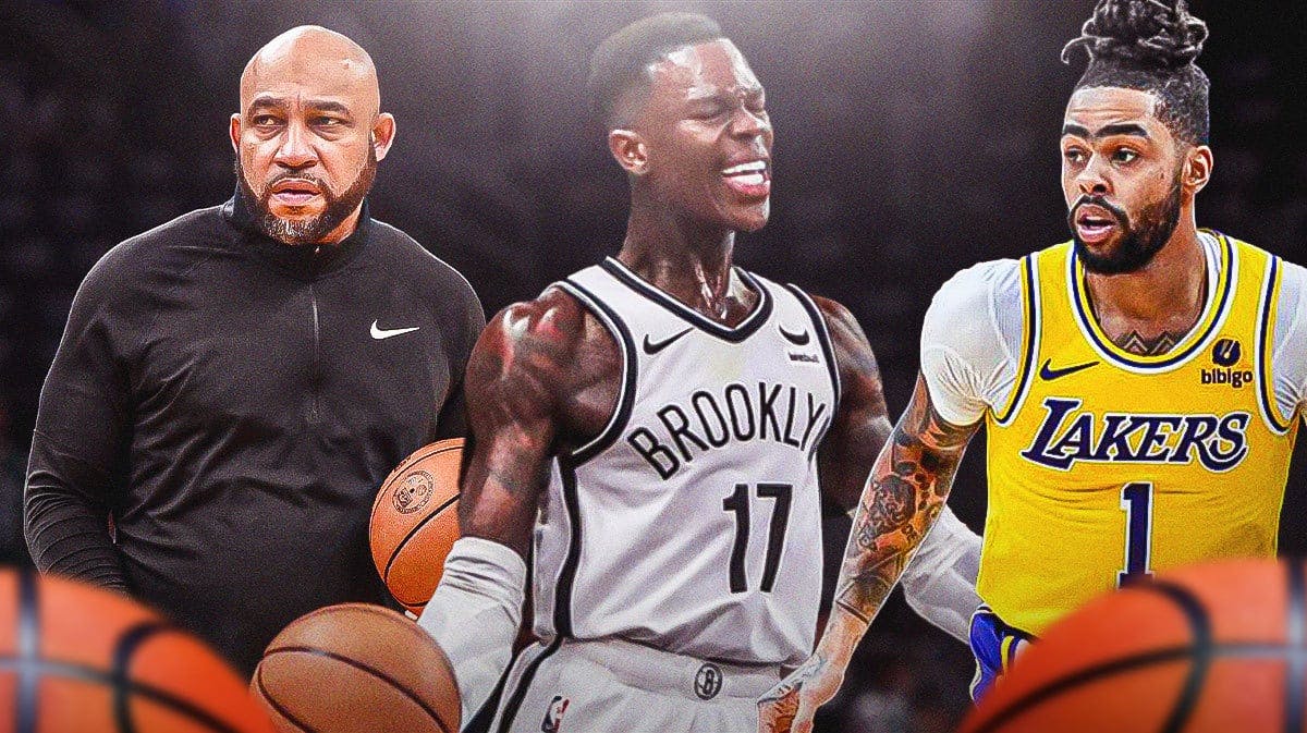 Lakers coach Darvin Ham on the left, Nets Dennis Schroder in the center yelling in the direction of Lakers D'Angelo Russell on right.