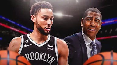 Nets coach Kevin Ollie looking at Ben Simmons.