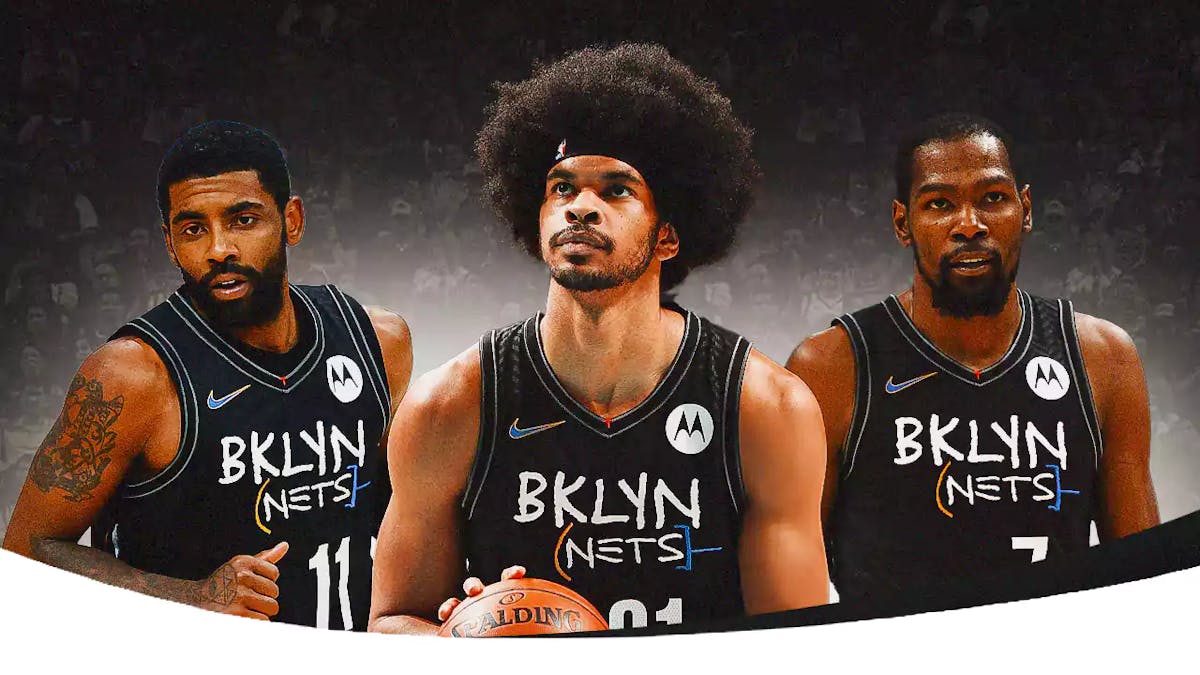 Jarrett Allen in his old Nets jersey with Kevin Durant on side of him and Kyrie Irving on the other side. Have Durant and Irving also in their old Nets jerseys