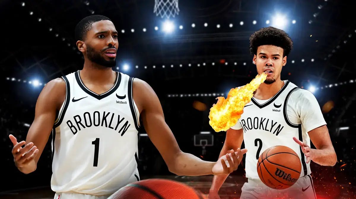 Nets' Cam Johnson with fire coming out his mouth. Mikal Bridges shrugging