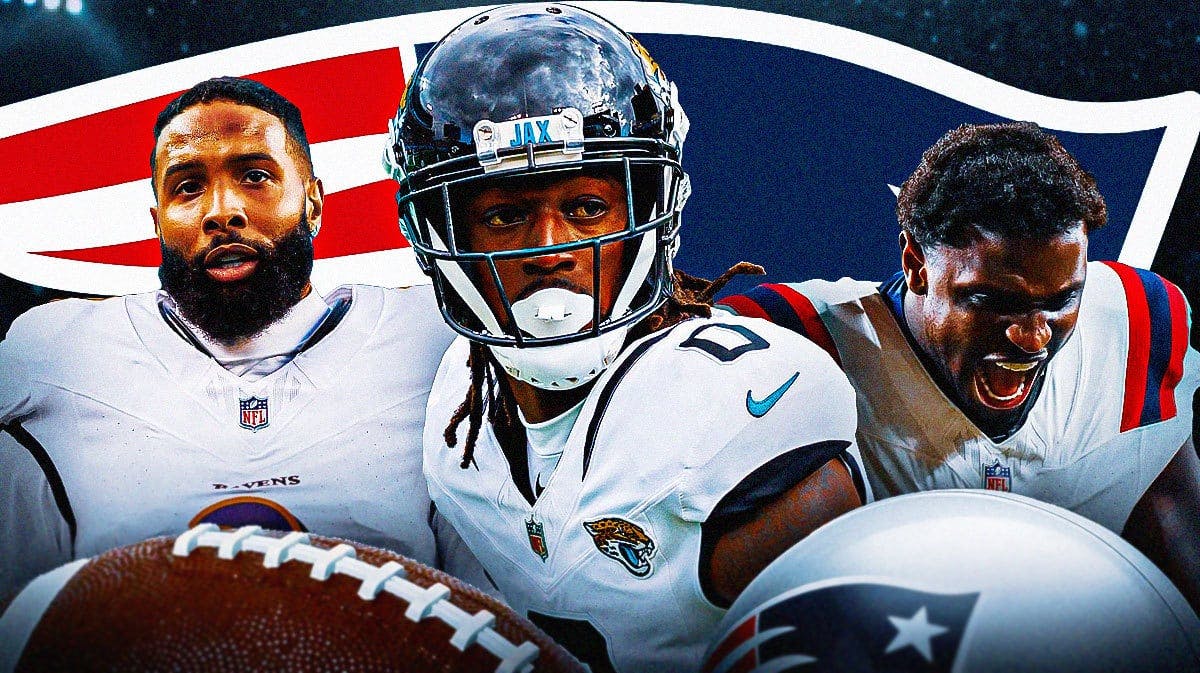 Jaguars' Calvin Ridley, Ravens' Odell Beckham Jr., and Patriots' Jalen Reagor all in image. Patriots' logo in background.