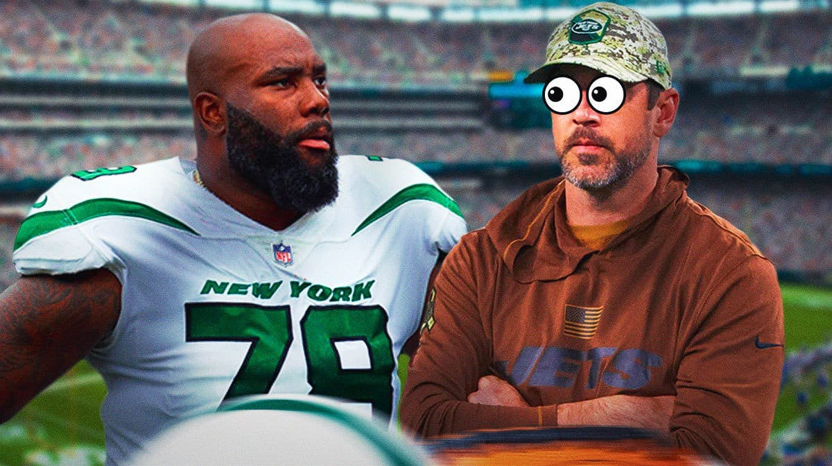 Morgan Moses in a Jets jersey and Aaron Rodgers looking at him with big bulging cartoon eyes