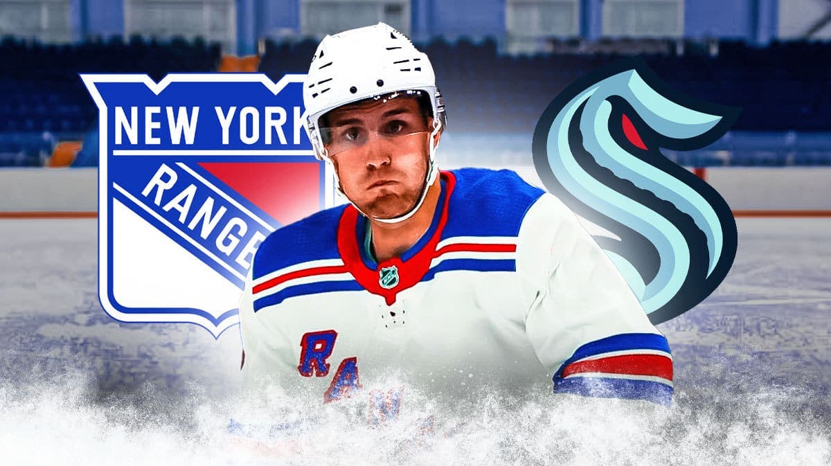Alex Wennberg in a New York Rangers jersey, NY Rangers and SEA Kraken logos, hockey rink in background