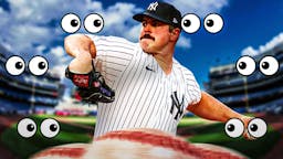 Yankees' Carlos Rodon pitching a baseball and have the eyes emoji all over image looking at him.