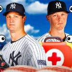 Gerrit Cole and DJ LeMahieu with an injury kit in front of them and a bunch of the big eyes emojis in the background