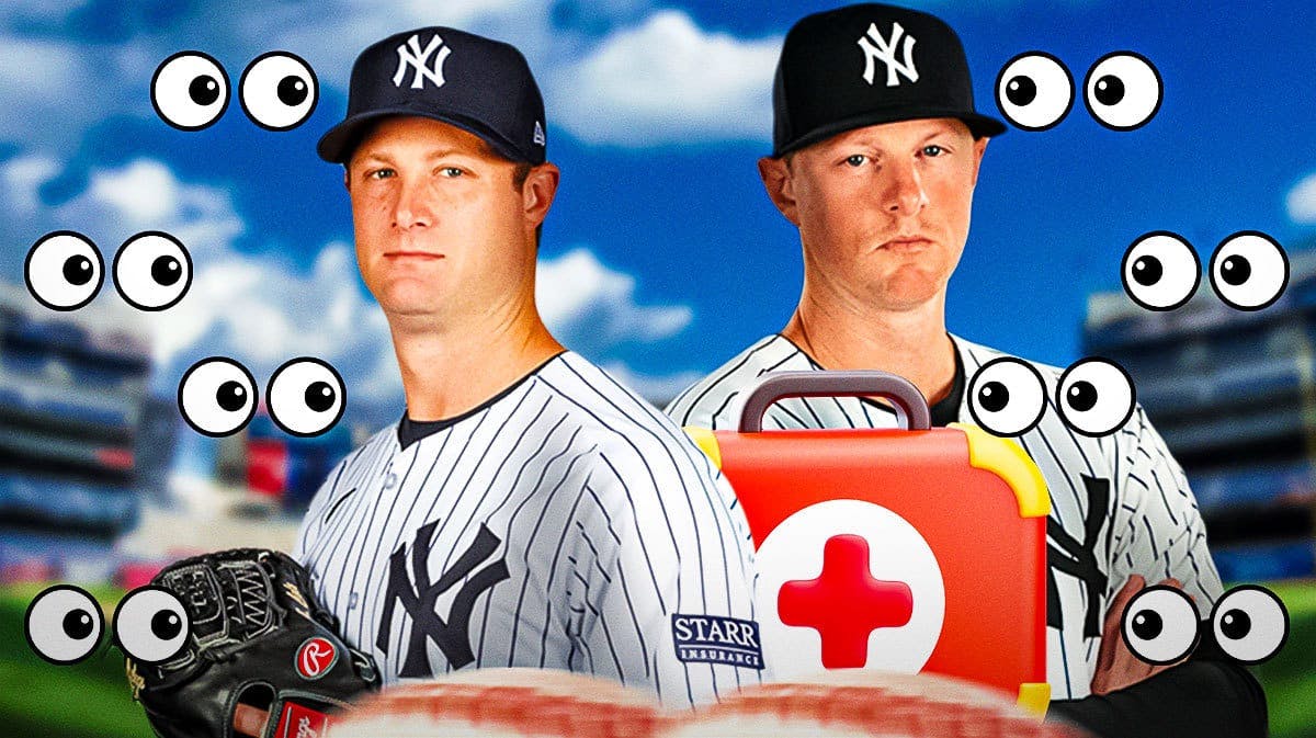 Gerrit Cole and DJ LeMahieu with an injury kit in front of them and a bunch of the big eyes emojis in the background