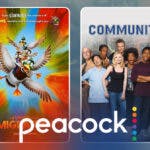Movie poster for Migration, show poster for sitcom Community, and Peacock logo