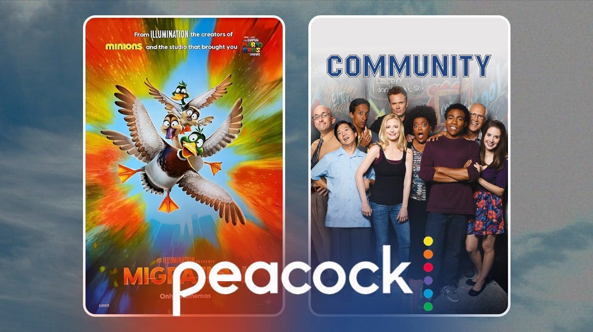 Movie poster for Migration, show poster for sitcom Community, and Peacock logo