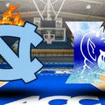 North Carolina basketball logo lit on fire next to cold Duke logo, Cormac Ryan shoots jumpers