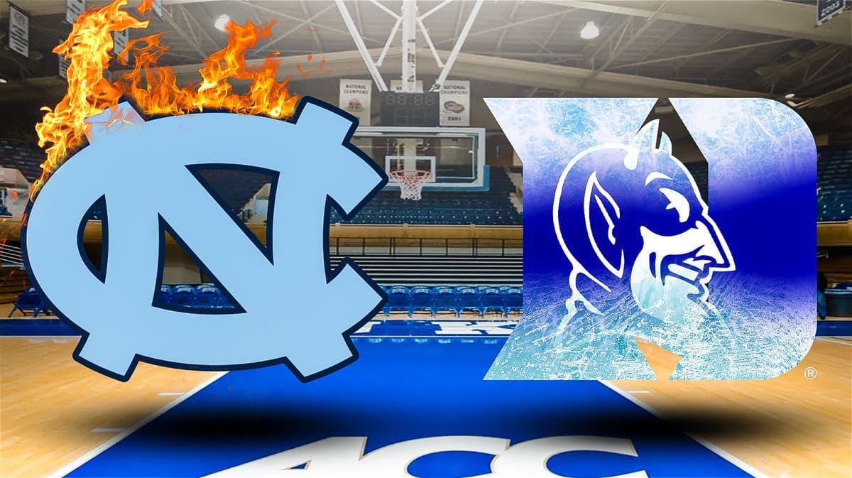 North Carolina basketball logo lit on fire next to cold Duke logo, Cormac Ryan shoots jumpers