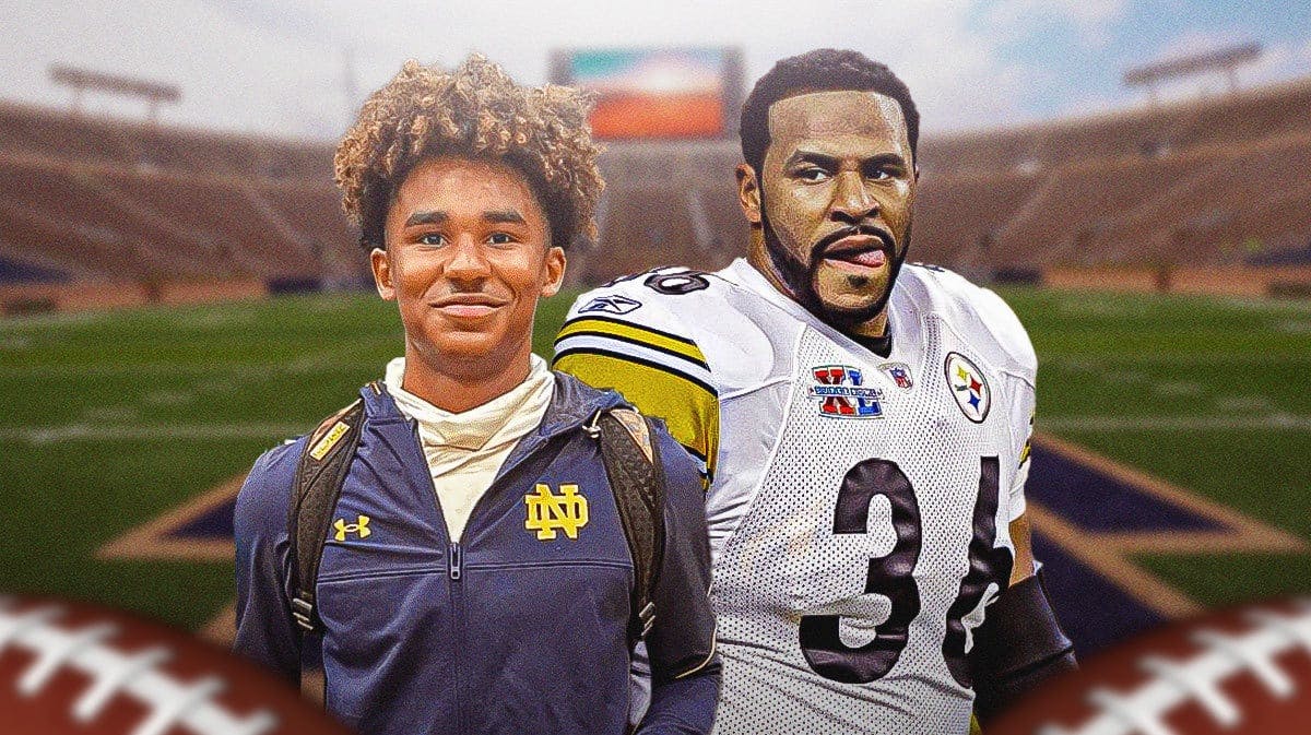 Notre Dame football star Jerome Bettis and father Jerome Bettis in front of Notre Dame stadium.