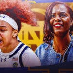 Hannah Hidalgo alongside Niele Ivey with the Notre Dame logo in the background, March Madness