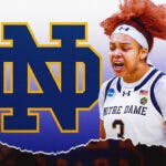 Hannah Hidalgo with the Notre Dame logo in the background, nose ring