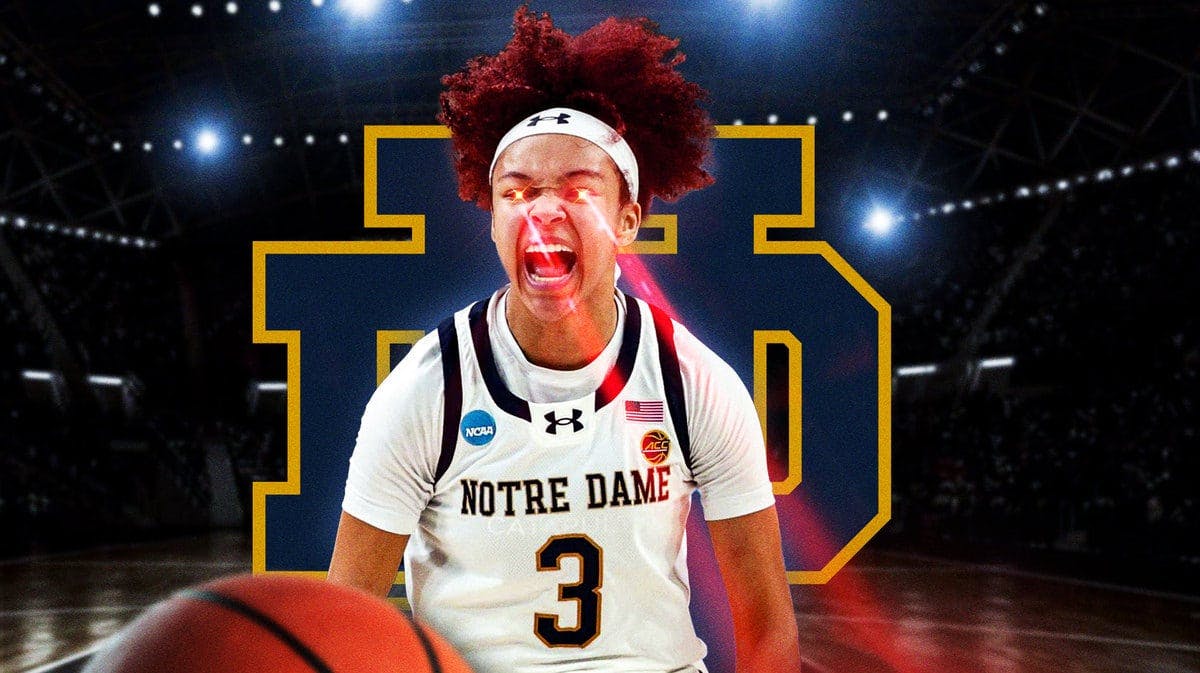 Notre Dame women’s basketball player Hannah Hidalgo, with red laser eyes