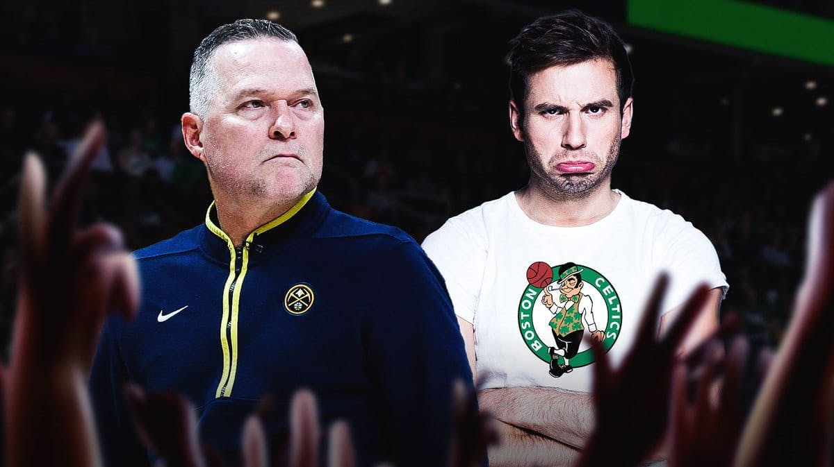 Michael Malone looking at Celtics fans (can be a stock image of an upset person or fan with a Celtics logo on their shirt) and have a clown emoji between Malone and the other person.