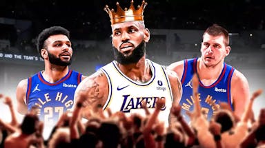 Photo: Jamal Murray smiling in action in Nuggets jersey, Nikola Jokic beside him, LeBron James in background with a crown on his head