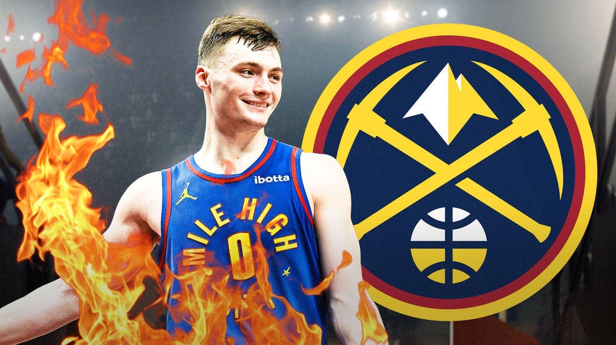 Christian Braun on fire, while also either happy or yelling. Incorporate the Nuggets logo into the background as well.