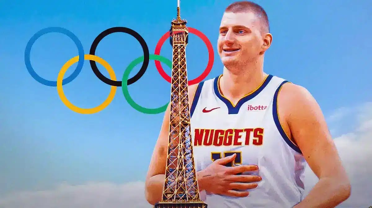 A giant Nikola Jokic (Nuggets) standing beside the Eiffel Tower with the Olympics logo in the background