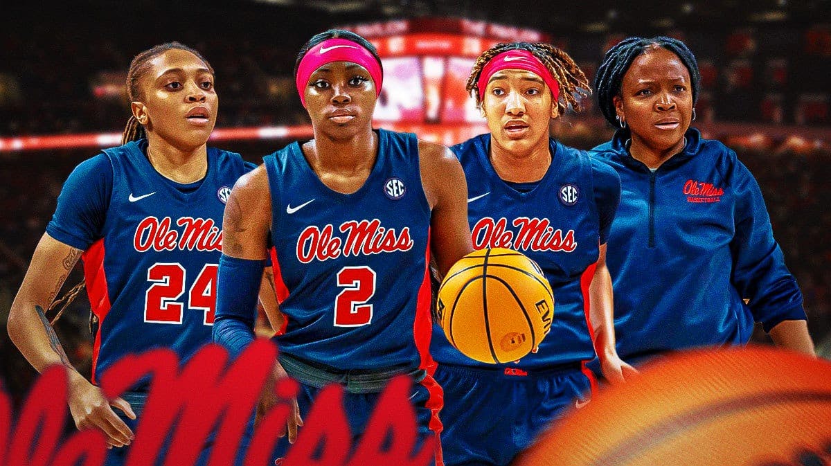 Ole Miss women’s basketball players Marquesha Davis, Kennedy Todd-Williams and Madison Scott, and Ole Miss women’s basketball coach Yolett McPhee-McCuin