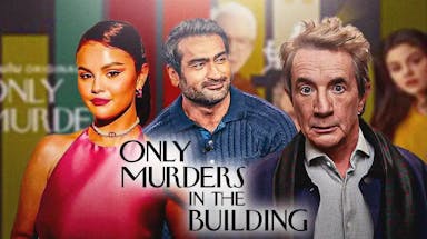 Only Murders in the Building Season 4 logo with Selena Gomez, Kumail Nanjiani, and Martin Short.