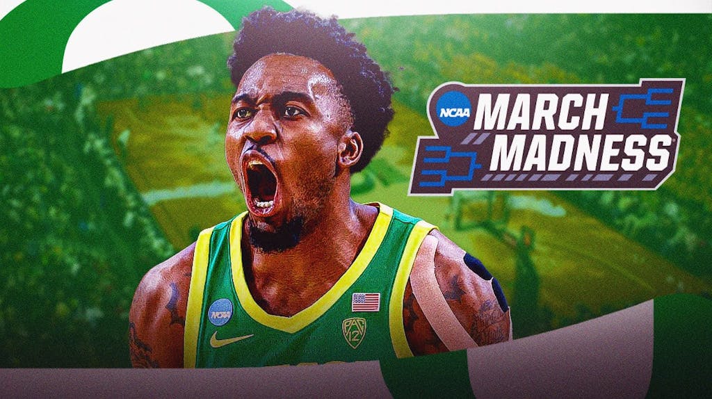 Oregon basketball's Jermaine Cousinard yells at South Carolina crowd next to March Madness logo