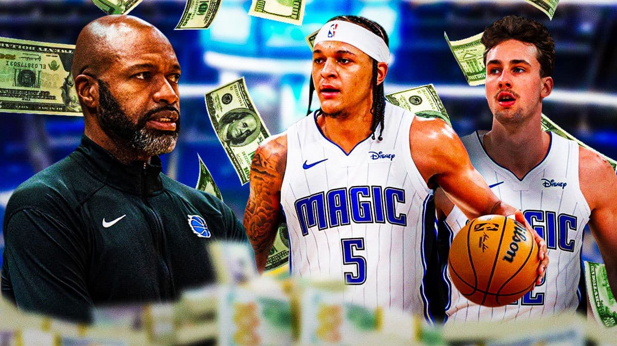 Jamahl Mosley (Magic coach) with money falling around him. Place Magic’s Paolo Banchero, Magic’s Franz Wagner in background playing basketball.