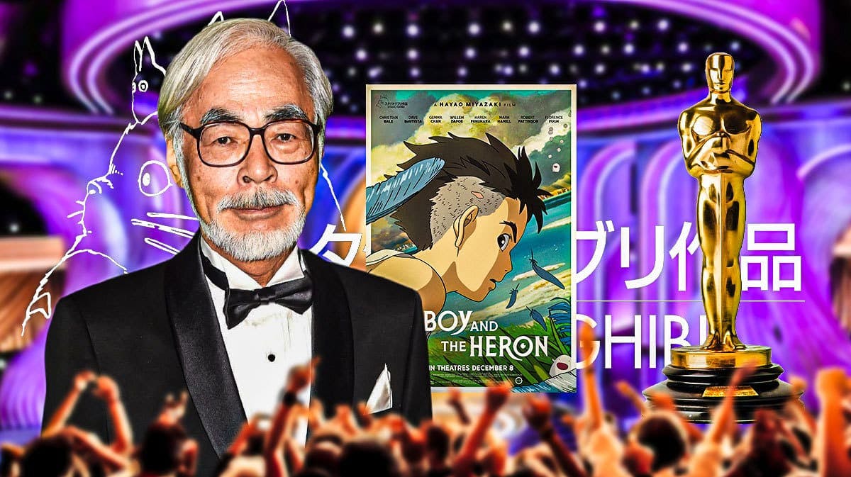 Hayao Miyazaki, Studio Ghibli logo, 2024 Oscars trophy and background, and The Boy and the Heron poster.