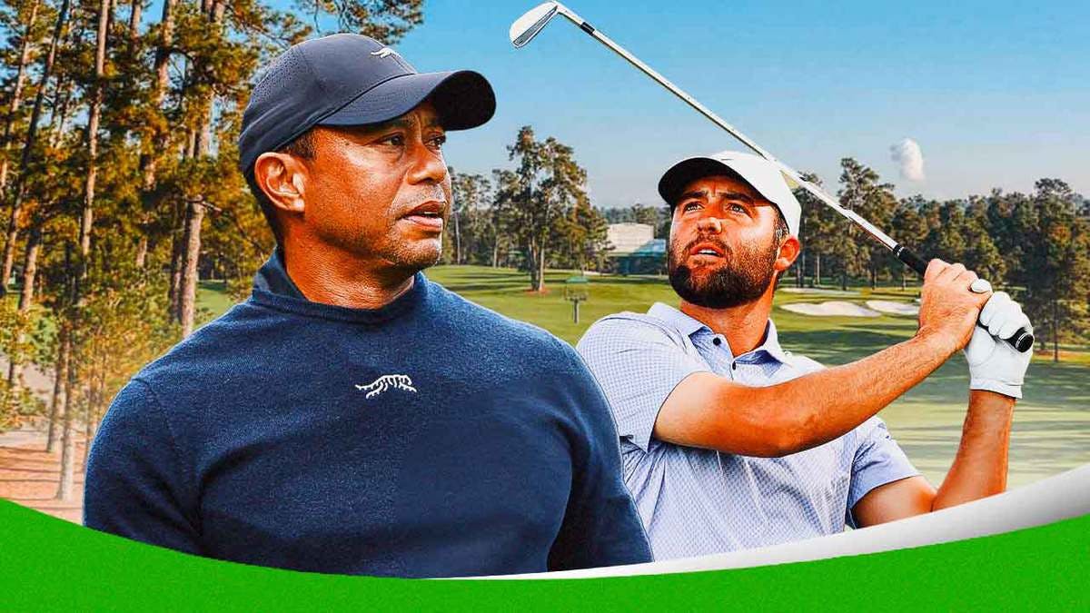 Tiger Woods, Scottie Scheffler, Augusta National Golf Course behind them