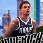 Mavericks' PJ Washington in front with the city of Dallas and American Airlines Center in background.