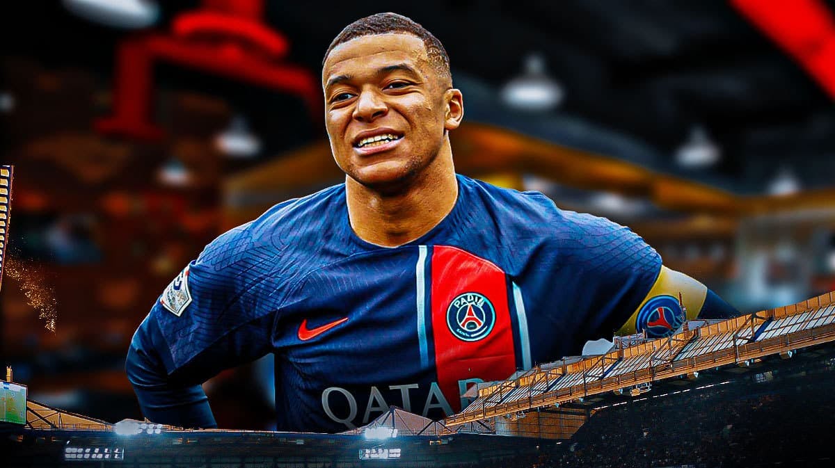 Kylian Mbappe in front of a Kebab restaurant, the PSG logo on the wall