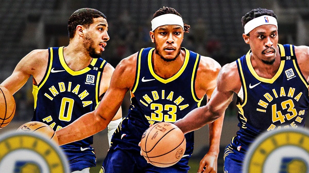 Photo: Tyrese Haliburton, Myles Turner, Pascal Siakam all in action in Pacers jerseys