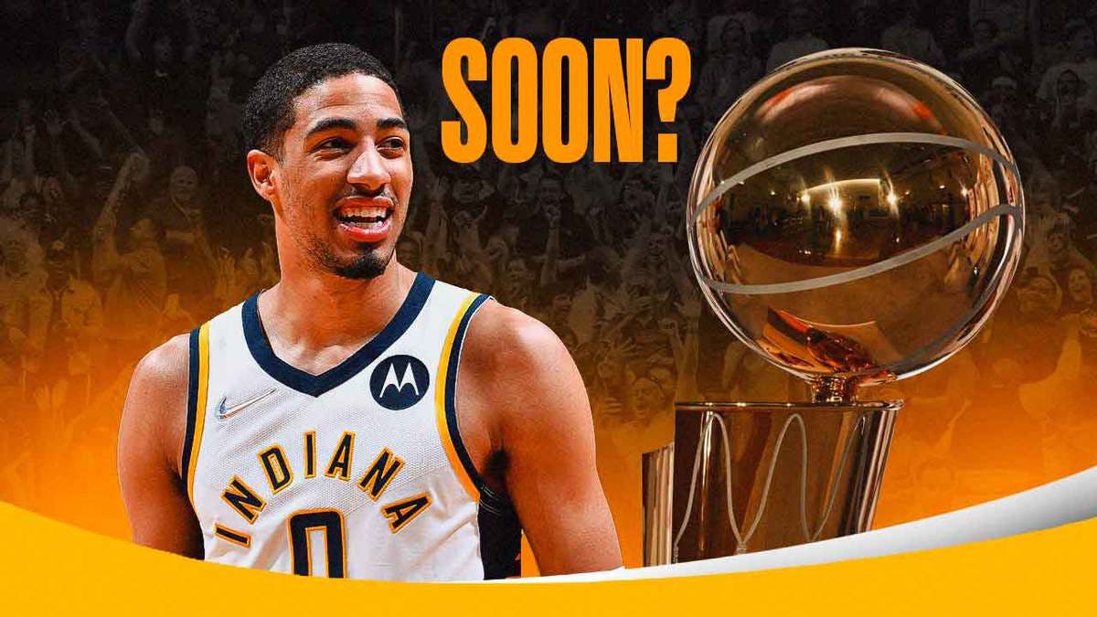 Pacers' Tyrese Haliburton looking at the Larry O’Brien trophy, with caption below: SOON?