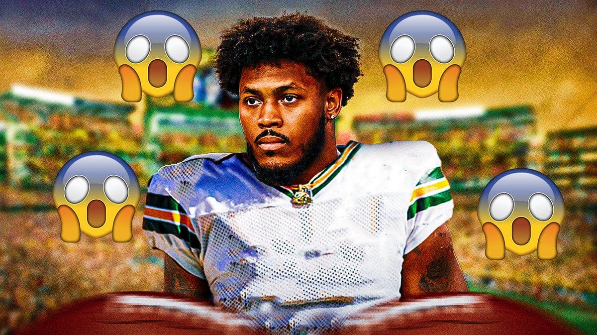Josh Jacobs in a Green Bay Packers jersey with a bunch of shocked emojis in the background