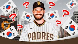 Dylan Cease in a Padres uni, South Korea flag and question marks beside him
