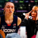 South Carolina women’s basketball coach Dawn Staley, with a text bubble saying “She’s elite” looking at UConn women’s basketball player Paige Bueckers