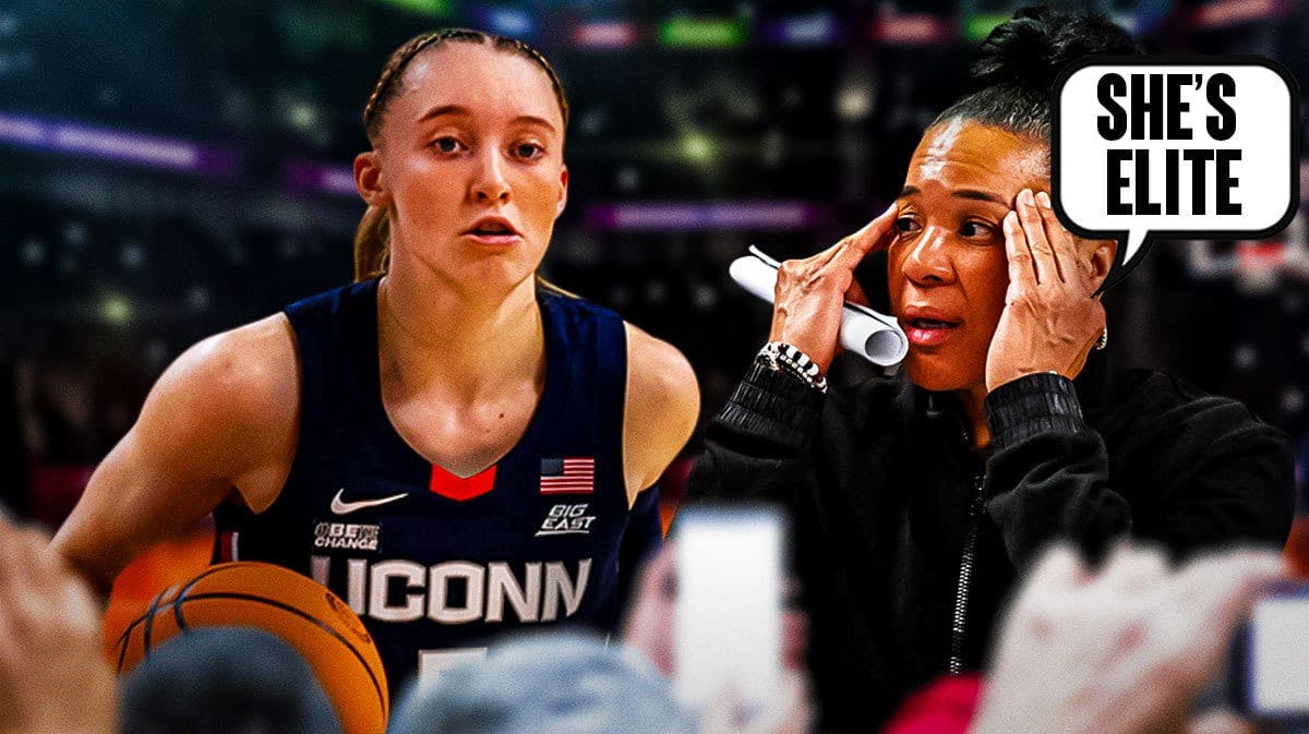 South Carolina women’s basketball coach Dawn Staley, with a text bubble saying “She’s elite” looking at UConn women’s basketball player Paige Bueckers