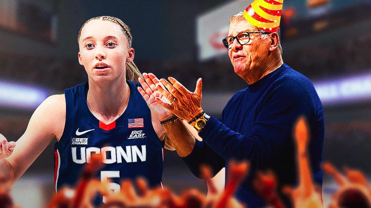UConn women’s basketball player Paige Bueckers and UConn women’s basketball coach Geno Auriemma, with a birthday hat on Geno