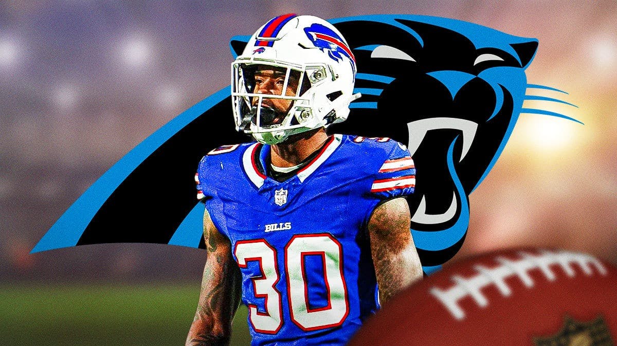 Ex-Bills CB Dane Jackson stands in front of Panthers logo, Donte Jackson stands out of frame in Steelers uniform, NFL free agency fans in background