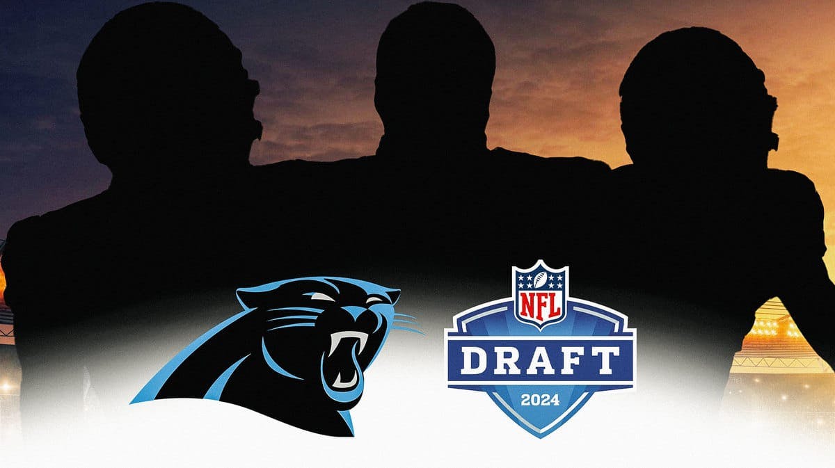 Panthers logo, 2024 NFL draft logo and three player silhouette