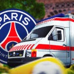 The PSG logo on the side of an Ambulance card in Paris Goncalo Ramos