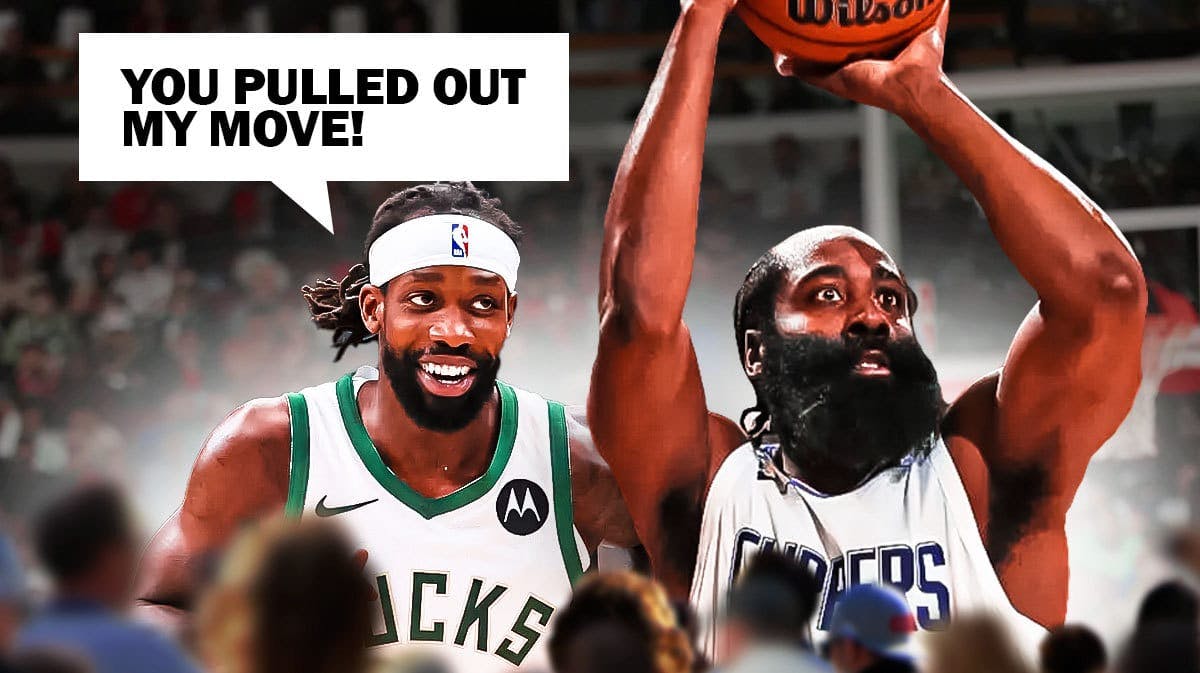 James Harden shooting a basketball, Patrick Beverley saying “you pulled out my move!”