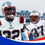 Patriots, Devin McCourty, Rodney Harrison Jr., the Dynasty, The Dynasty documentary, Devin McCourty and Rodney Harrison Jr. in Patriots unis with Patriots stadium in the background