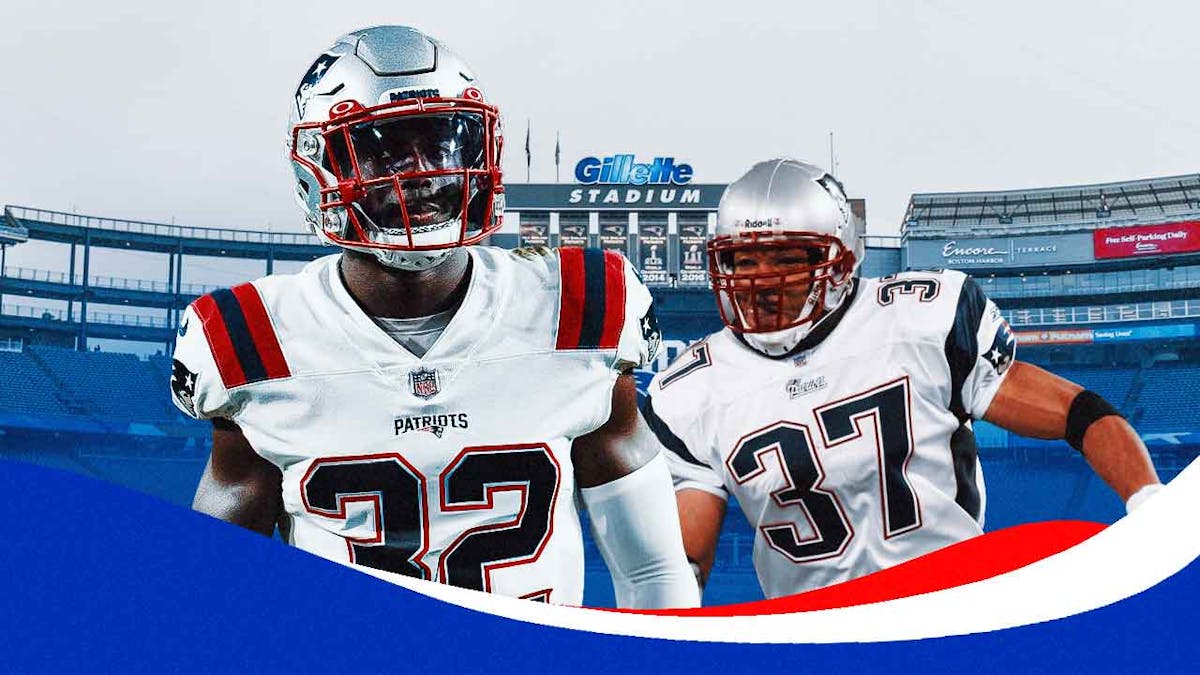 Patriots, Devin McCourty, Rodney Harrison Jr., the Dynasty, The Dynasty documentary, Devin McCourty and Rodney Harrison Jr. in Patriots unis with Patriots stadium in the background