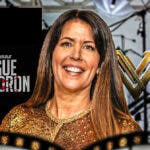 Patty Jenkins with Star Wars Rogue Squadron and Wonder Woman logos.