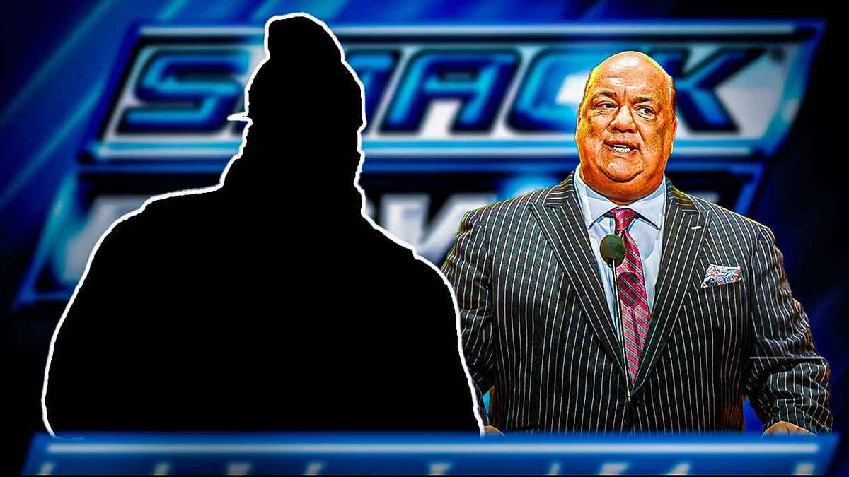 Paul Heyman next to the blacked-out silhouette of Top Dolla with the SmackDown logo as the background.