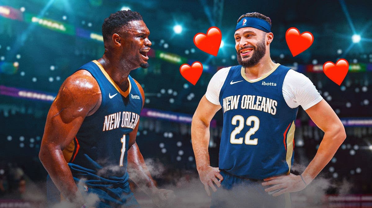 Pelicans' Zion Williamson hyped up, with Larry Nance Jr. smiling at him, hearts all over Nance