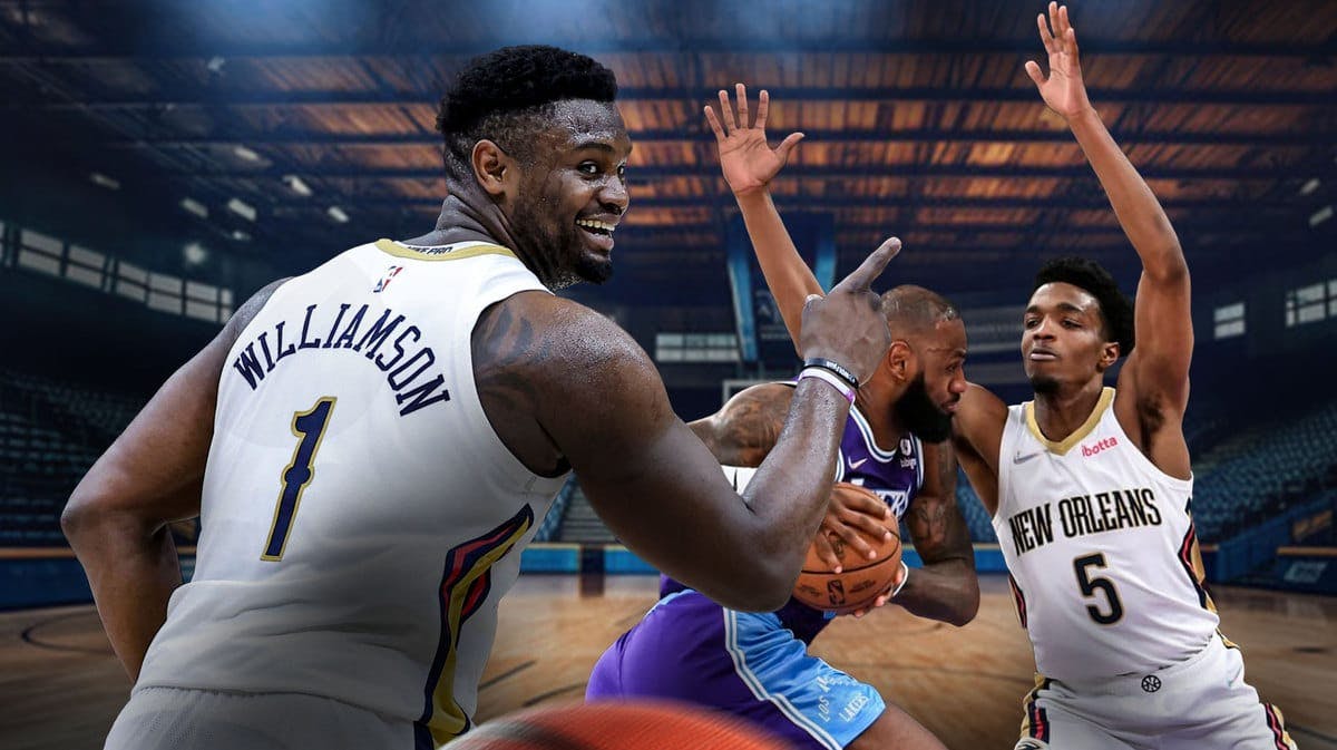 Pelicans Zion Williamson points at Herb Jones playing defense