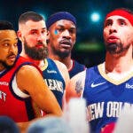 Pelicans' Jose Alvarado with a talking head emoji in a quote bubble with Zion Williamson, CJ McCollum, Jonas Valanciunas in background next to a crying Jimmy Butler